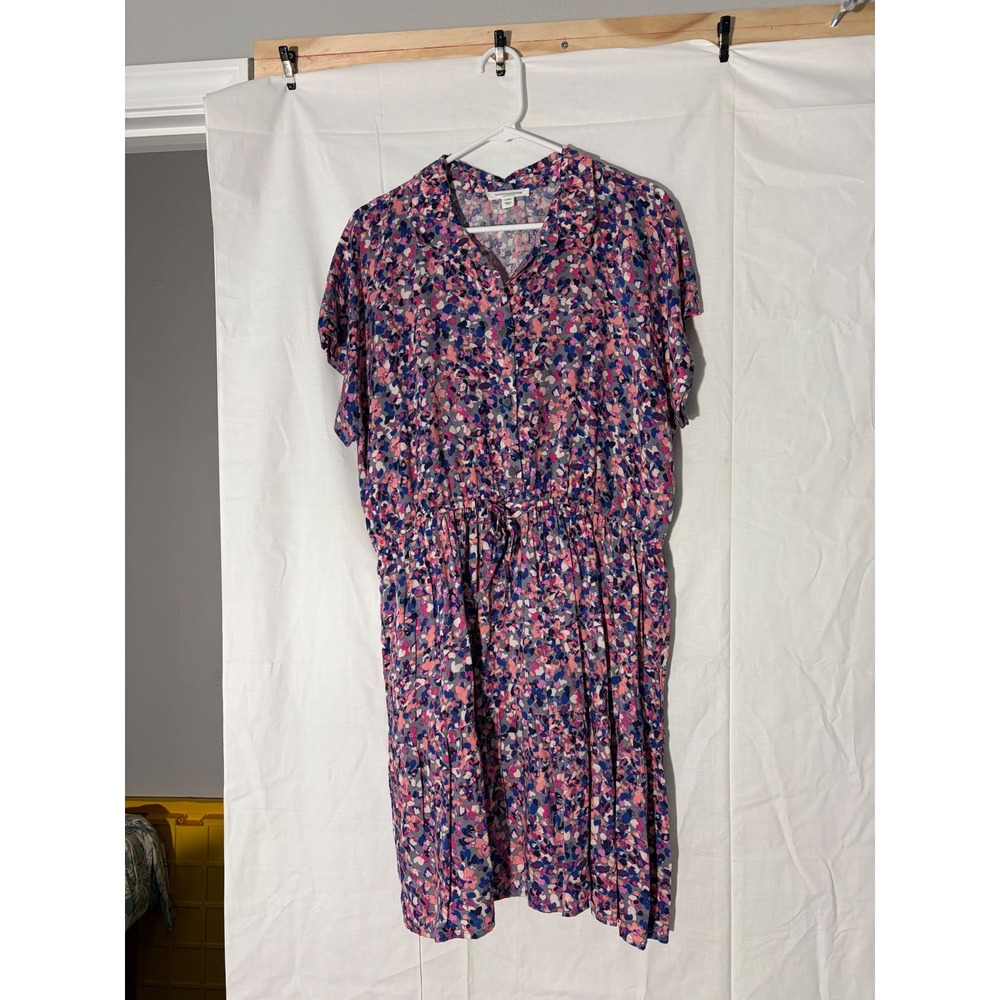 Beach lunch lounge Pink Purple Floral Viscose Shirtdress Drawstring Waist L